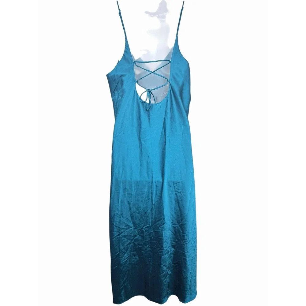 Abercrombie Satin Slip Dress XLT Blue Ombre Lace Up Back Midi Maxi Going Out